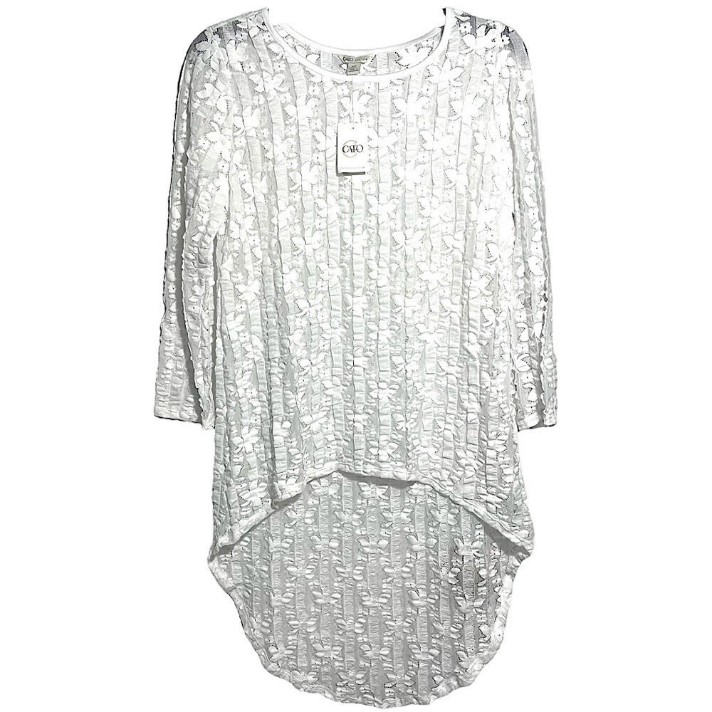 NWT White Lacy Hi-Low Very Stretchy Floral Coquette Tunic Top 3/4 Sleeve Size XS
